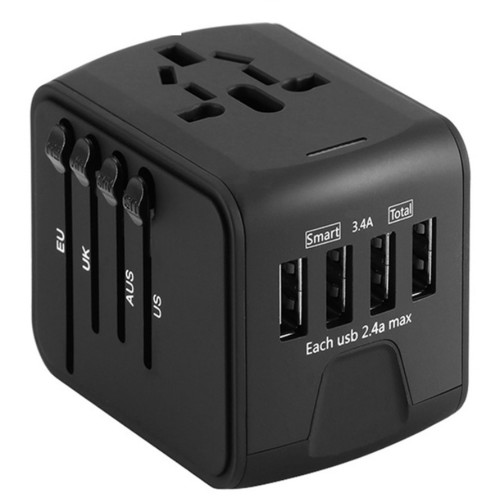 محول السفر العالمي مع 4 منافذ يو اس بي - اسود