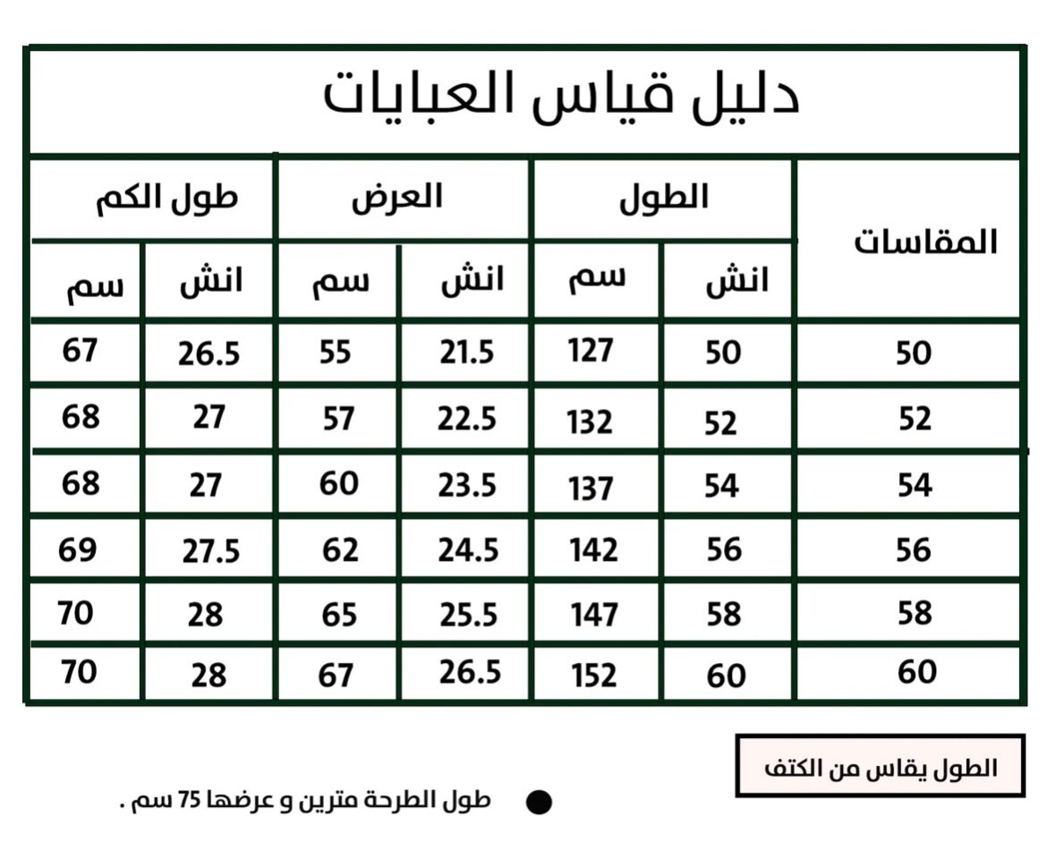 دليل المقاسات - عبايات قصة