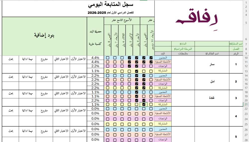 سجل المتابعة اليومي للمعلم - بالتاريخ الهجري - يعمل على ال Excel