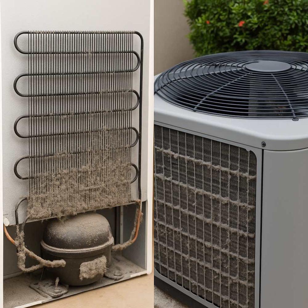 غبار كثيف يغطي خلفية ثلاجة ووحدة تكييف خارجية مهملة التنظيف.