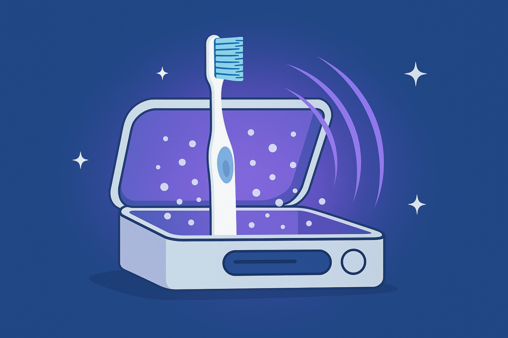 فرشاة أسنان داخل جهاز تعقيم بالأشعة فوق البنفسجية بتوهج أرجواني