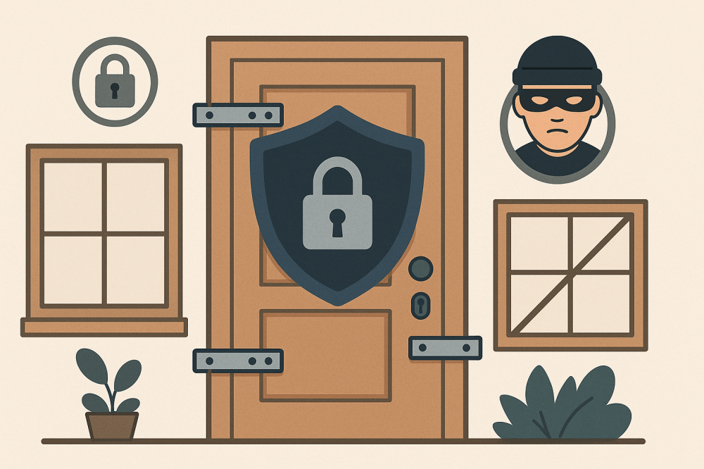 باب ونوافذ مؤمنة بأقفال وشعارات حماية لمنع السرقة والدخول غير المصرح