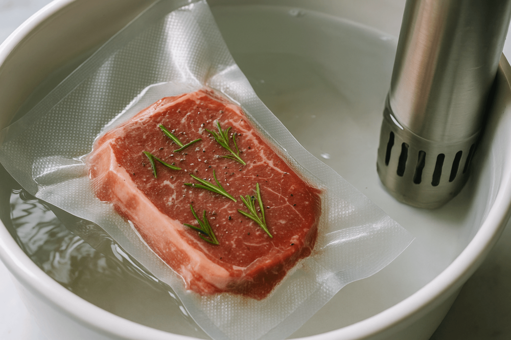 شريحة لحم مفرغة من الهواء تطهى بجهاز السوس في ماء ساخن