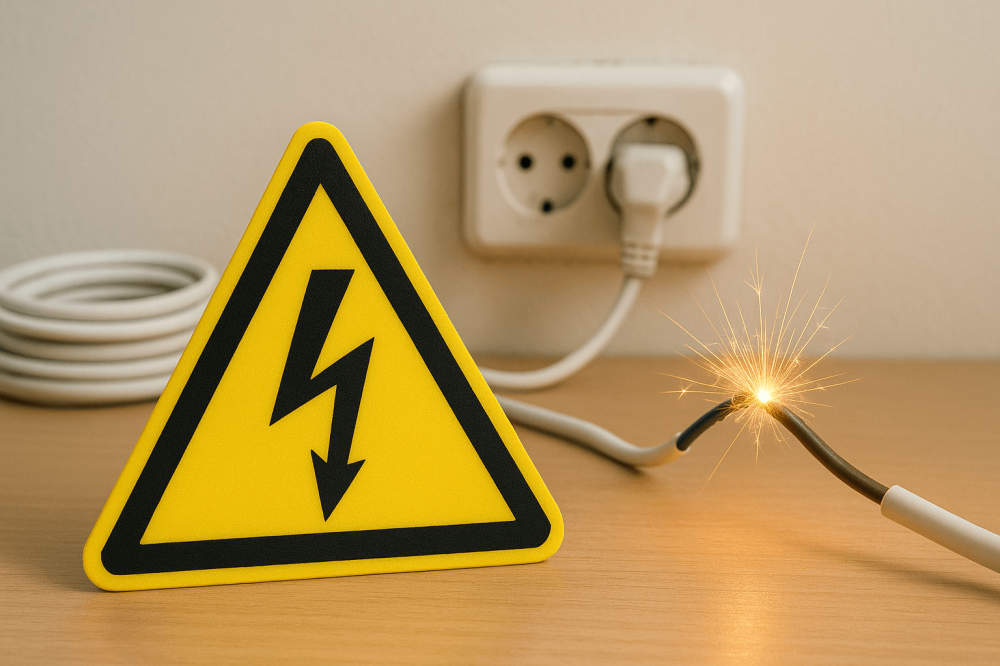 علامة تحذير كهربائي والتماس سلك مشتعل بجانب مقبس على طاولة خشبية
