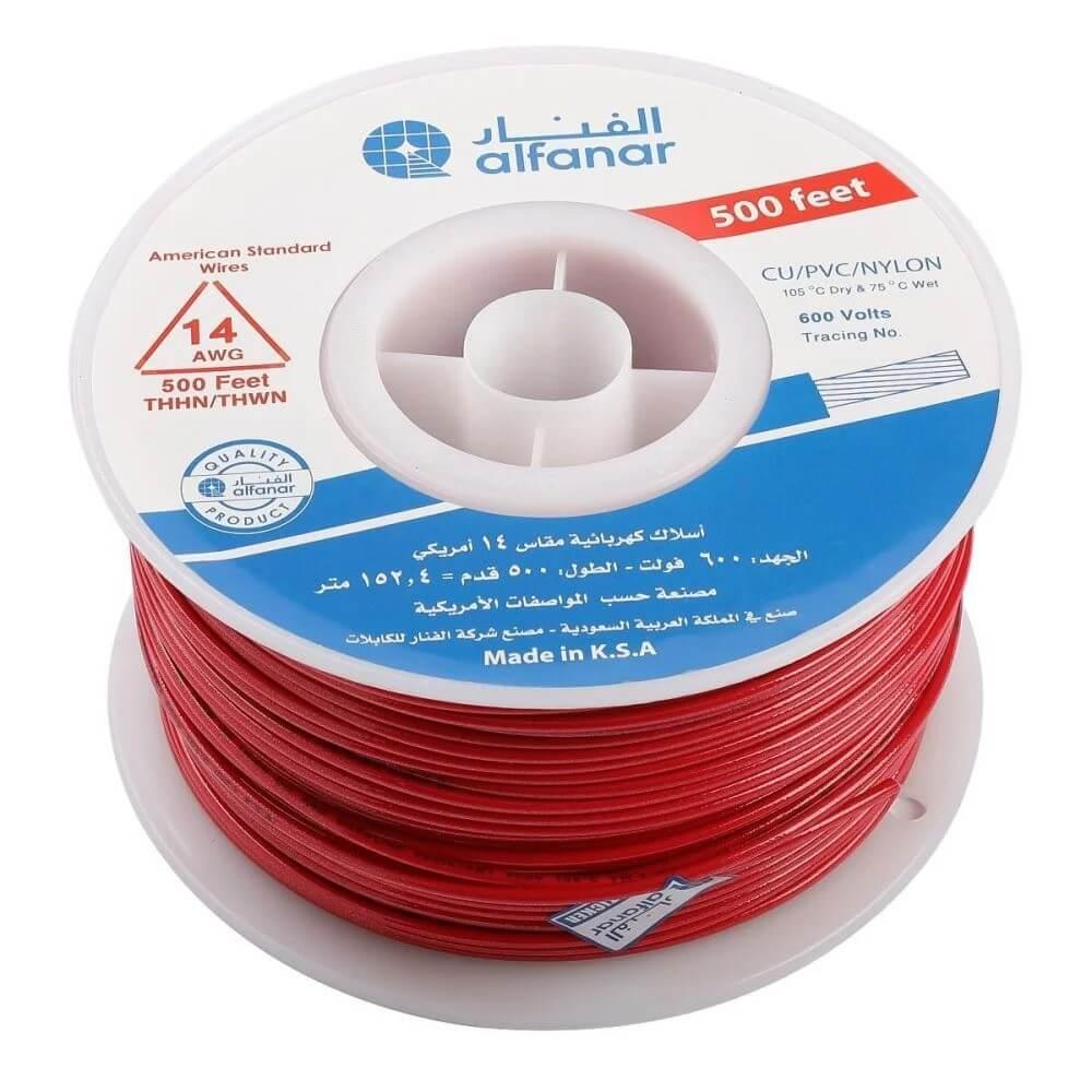 سلك نحاس الفنار - مقاس AWG 14 - لفه 500 قدم - 450/750 فولت - بعزل PVC - أحمر