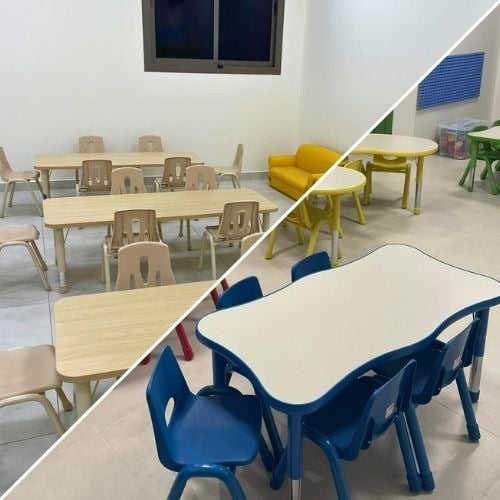 الطاولات الملونة والخشبية