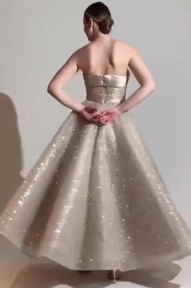 فستان سهرة بيج بخرز وترتر بالكامل