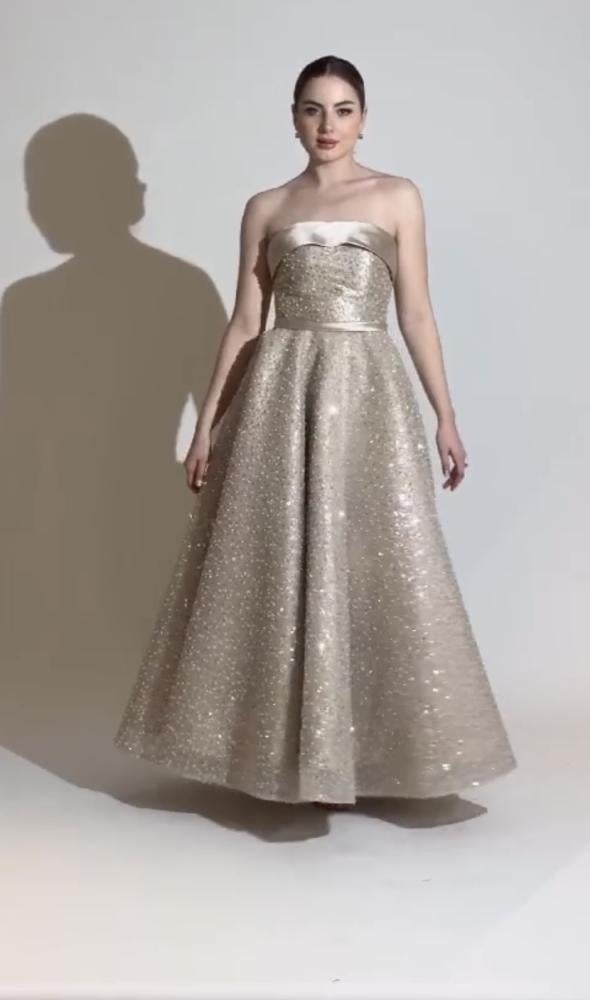 فستان سهرة بيج بخرز وترتر بالكامل