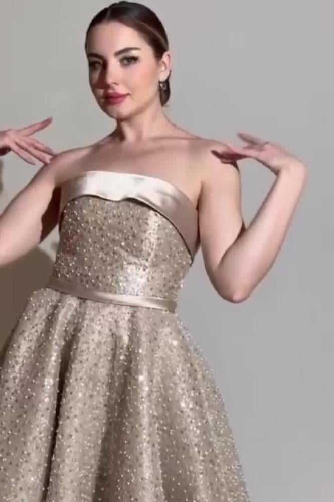 فستان سهرة بيج بخرز وترتر بالكامل