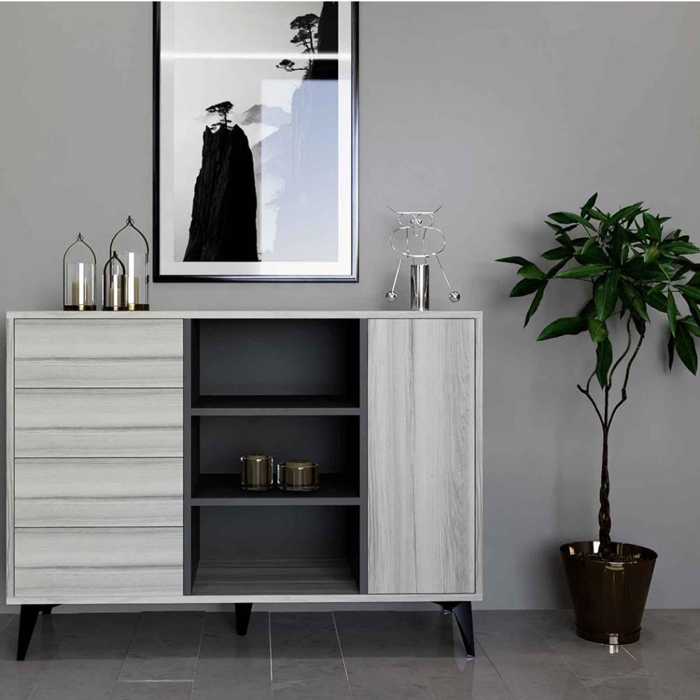 طقم طاولات تلفزيون ووسط وكونسول رمادي وابيض