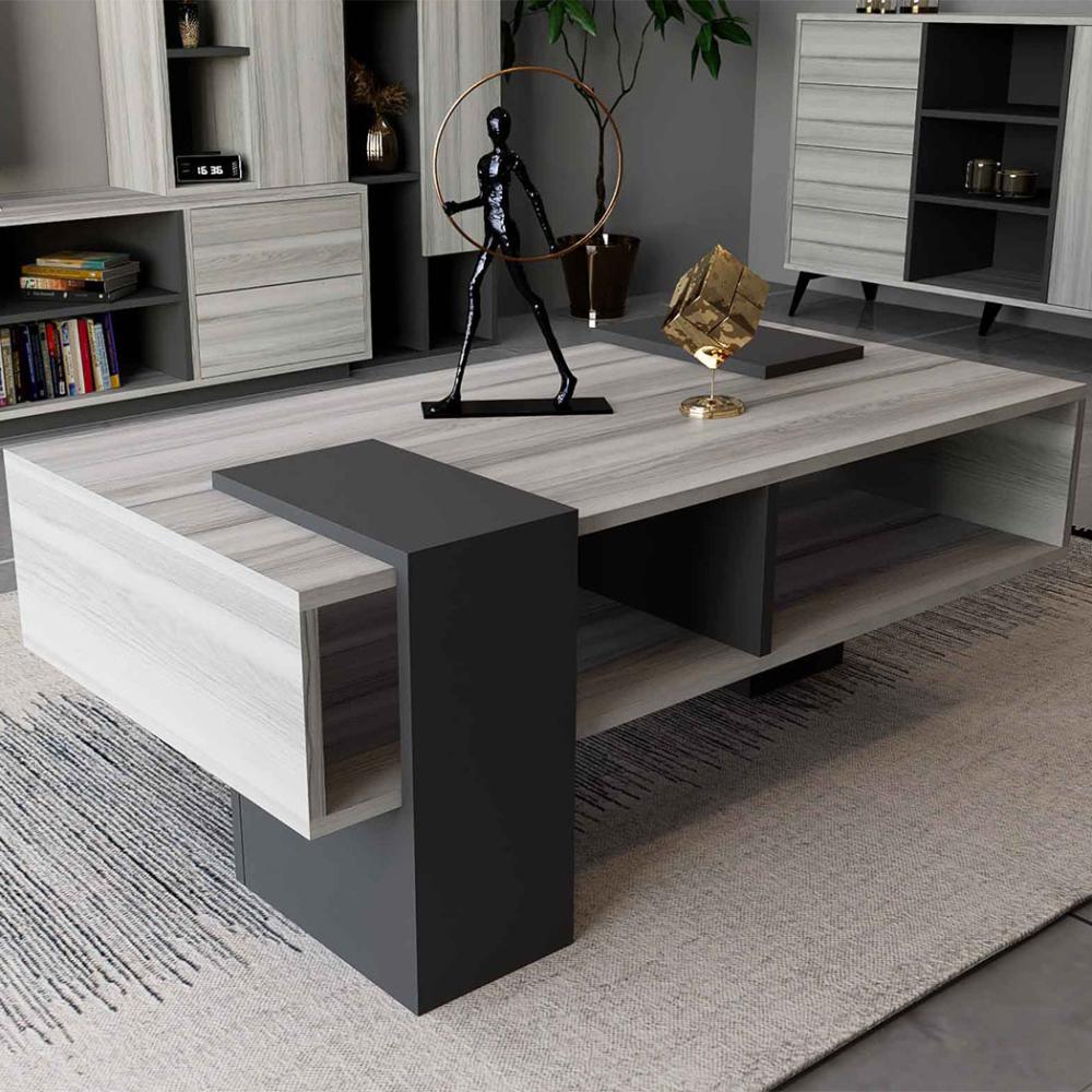 طقم طاولات تلفزيون ووسط وكونسول رمادي وابيض