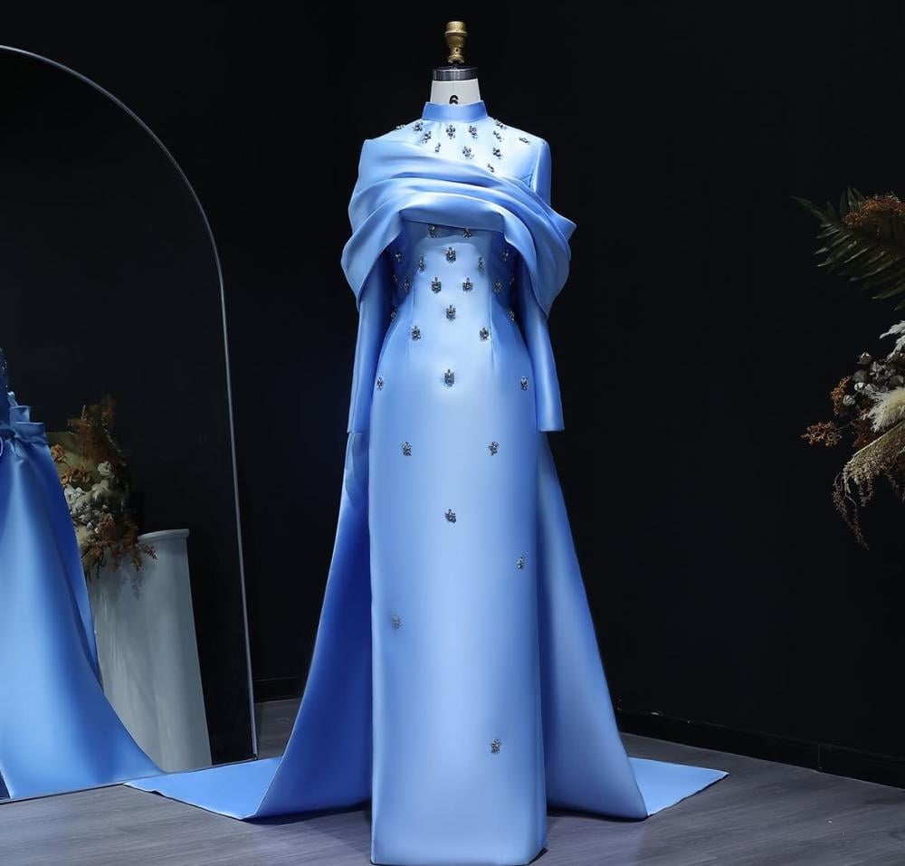 فستان سهرة ناعم ازرق من سمارا بوتيك-S100