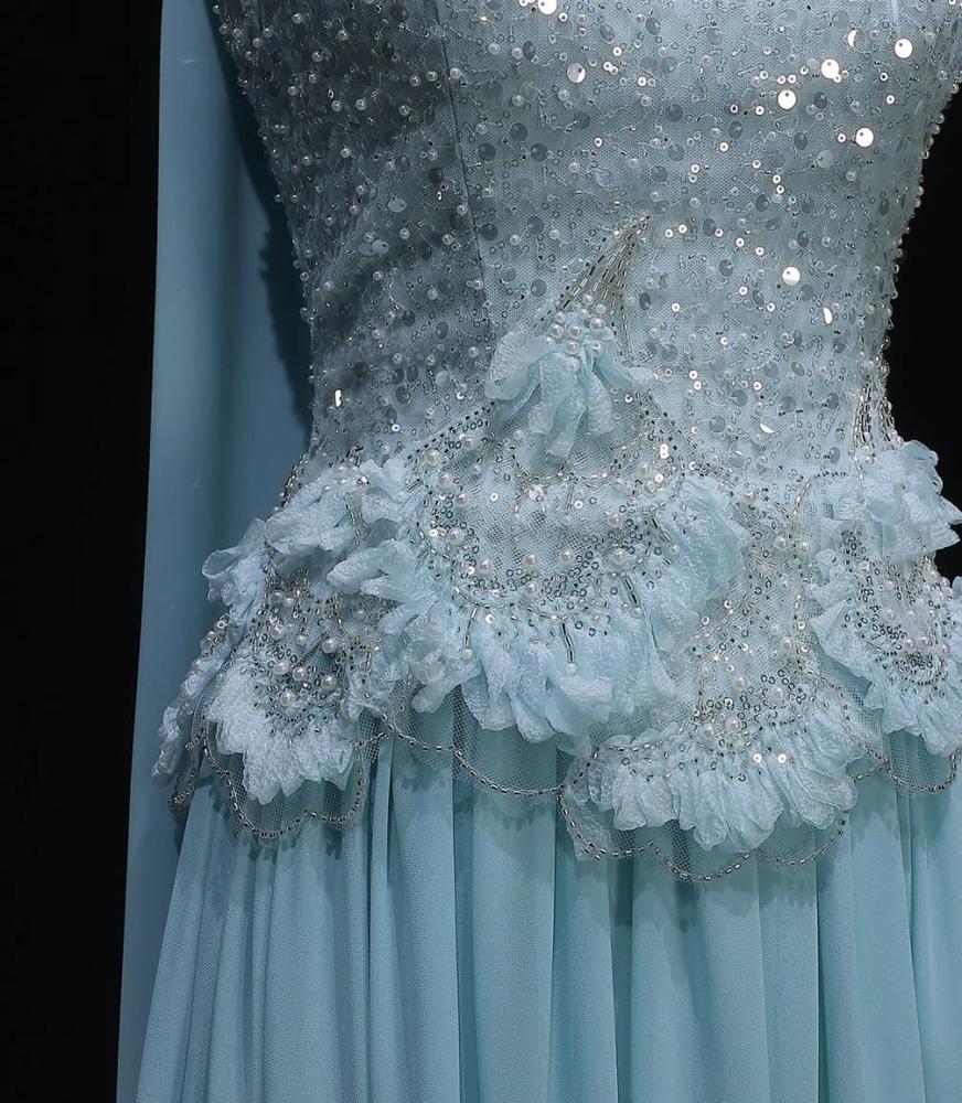 turquoise blue and silver wedding dresses Luxury Sparkly Crystal Turquoise Evening Dress with Cape SS651 DreamyVow