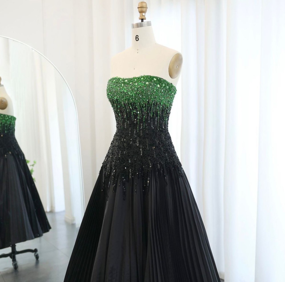 Samara Boutique Luxury Beaded Black Green Strapless Evening Dress -  Samara.boutique