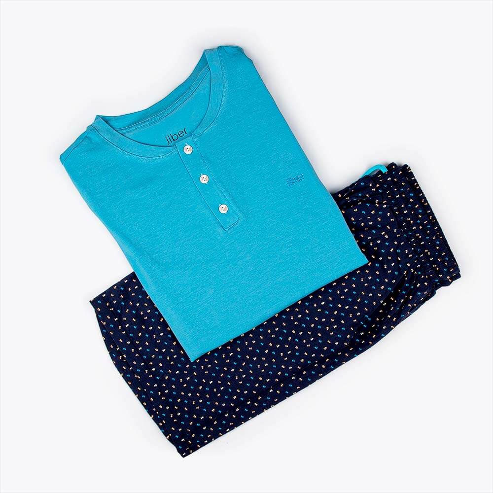 طقم بيجامة قطن من قطعتين تركي سماوي وكحلي