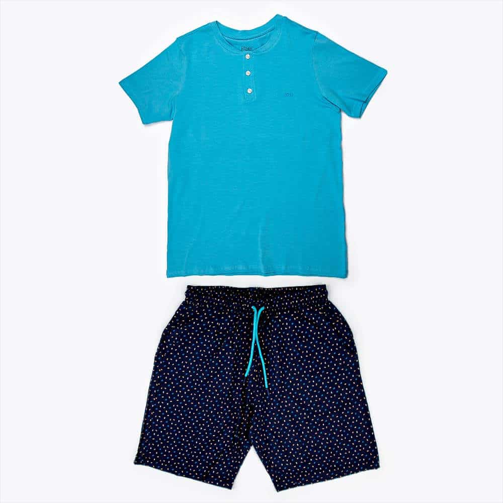 طقم بيجامة قطن من قطعتين تركي سماوي وكحلي