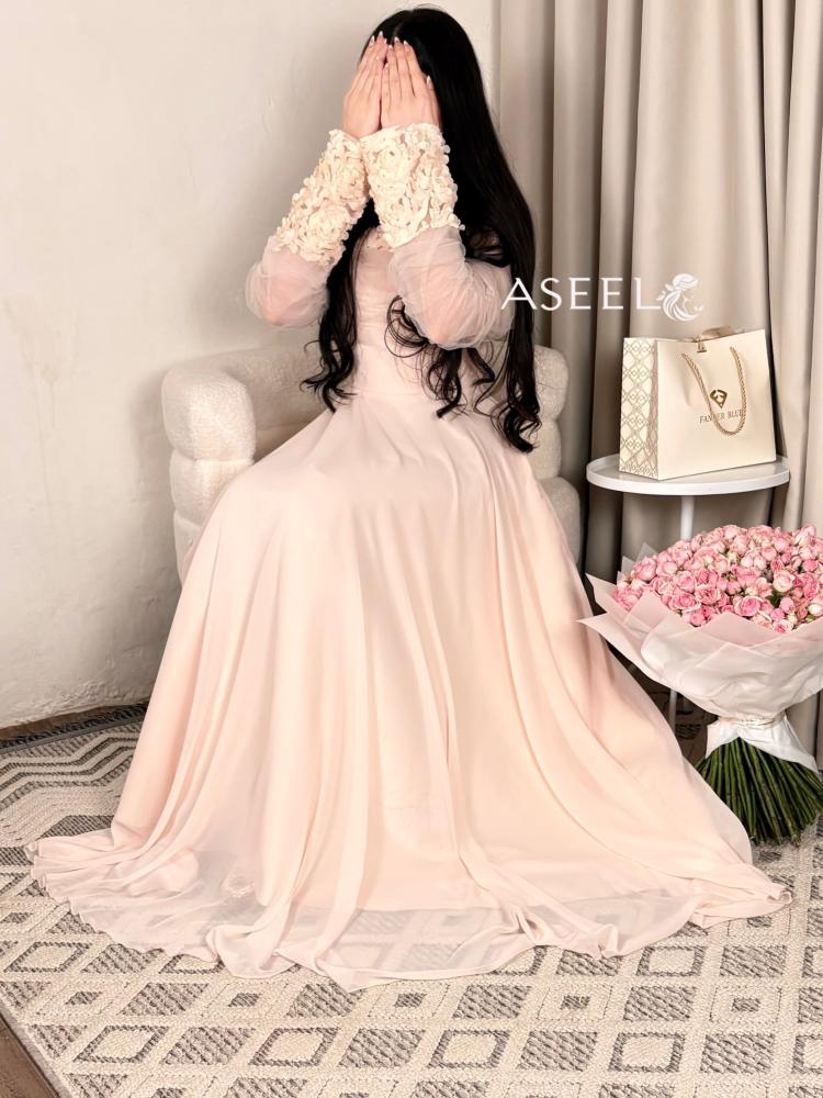 فستان سهرة ناعم شيفون اكمام  ورد