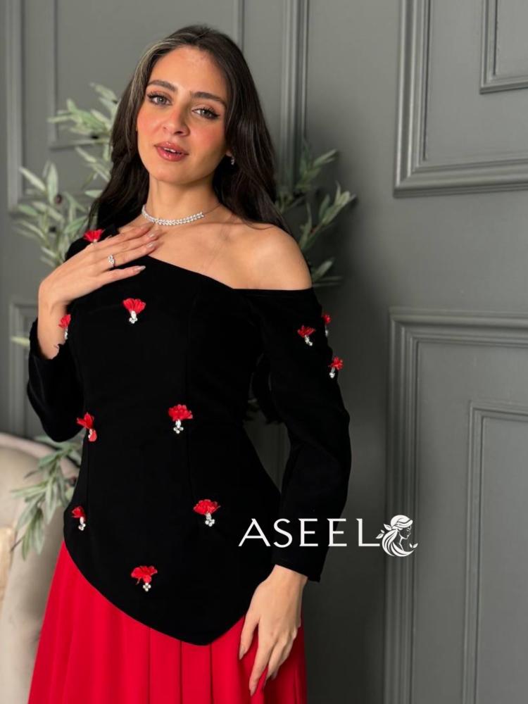 فستان انيق اسود شيفون احمر