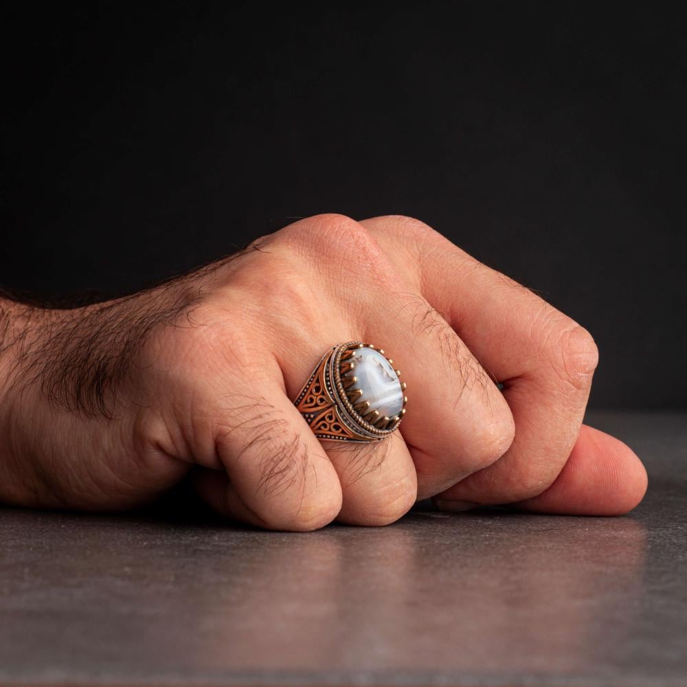 Sterling Silver Men's Ring with White Agate Stone
