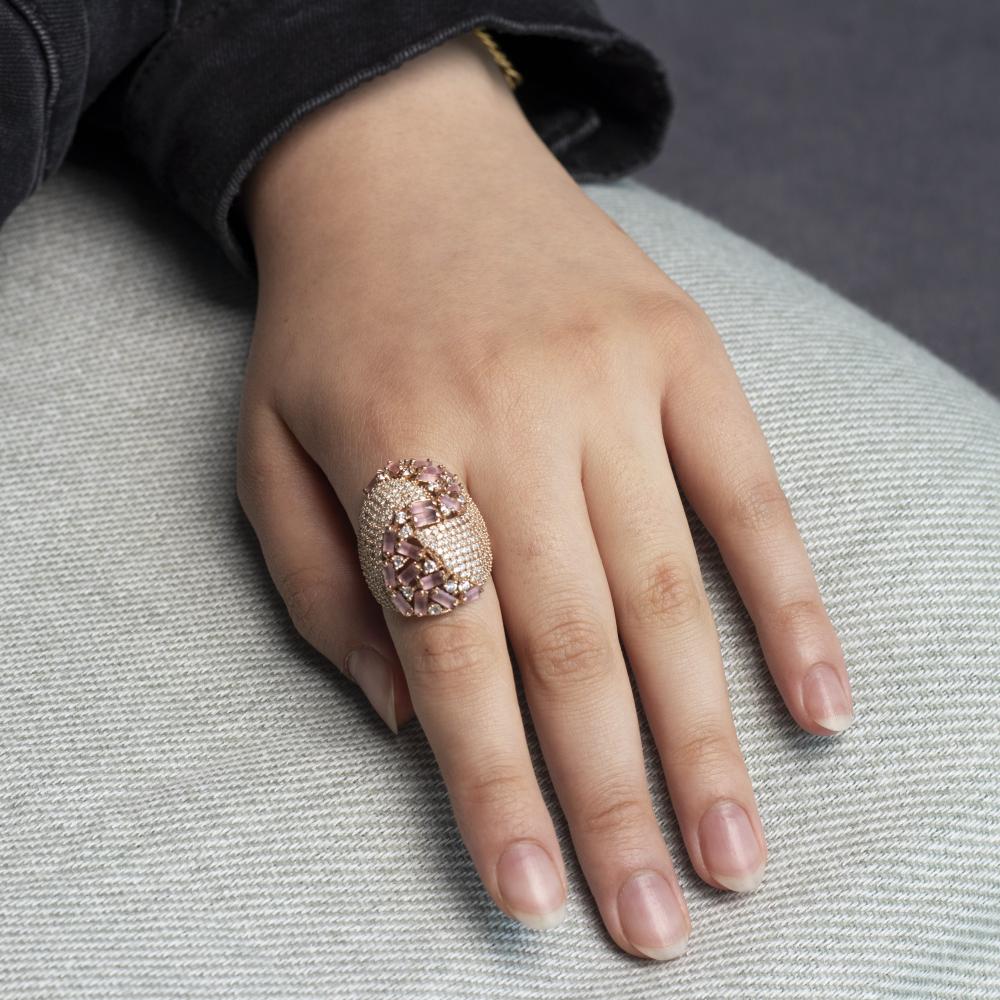 Women's Long Golden Rose Silver Ring with Pink Zircon Stones