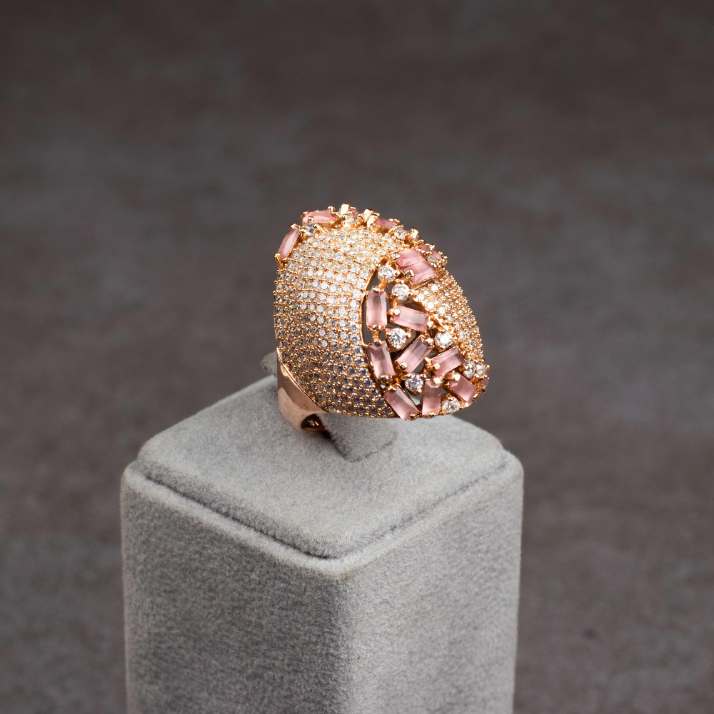 Women's Long Golden Rose Silver Ring with Pink Zircon Stones