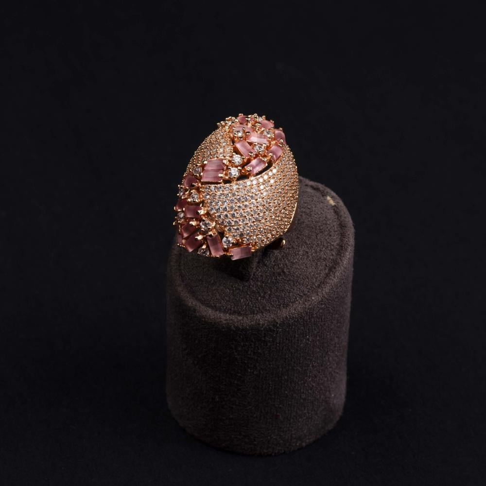 Women's Long Golden Rose Silver Ring with Pink Zircon Stones