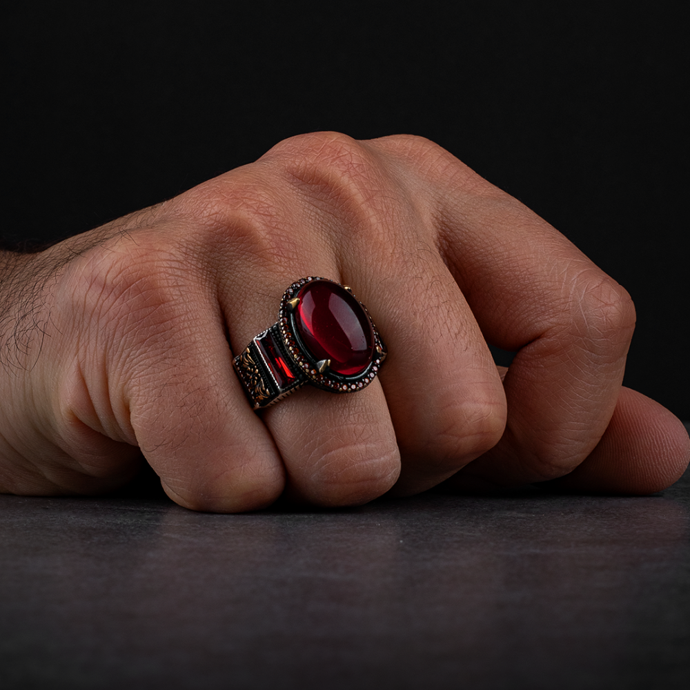 Sterling Silver Men's Ring with Red Agate Stone