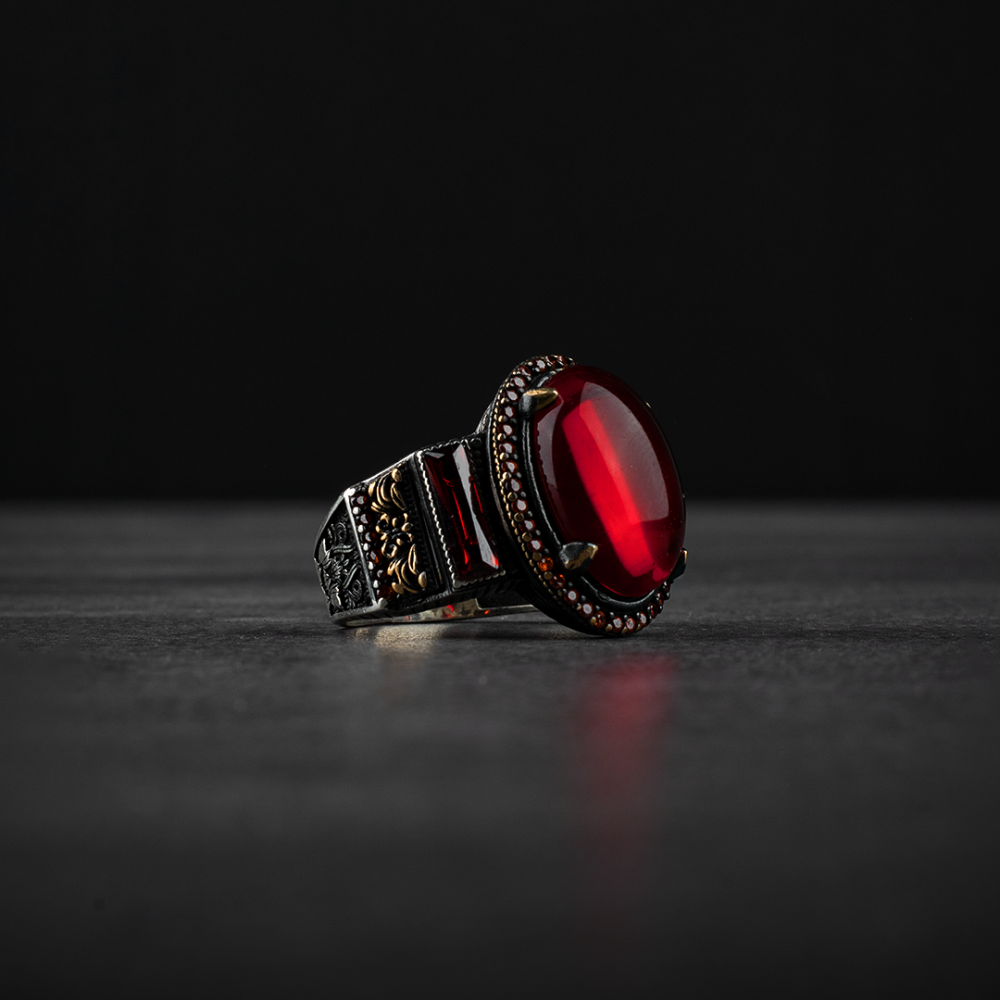 Sterling Silver Men's Ring with Red Agate Stone