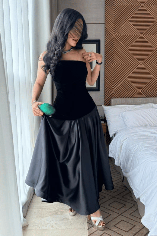 فستان سهرة جوخ بتصميم أنيق وتنورة درامية - موديل سيدة المساء