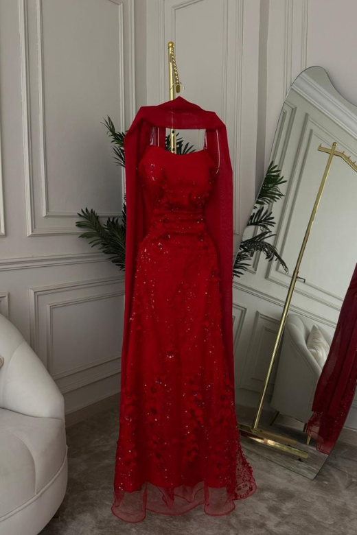 red dress with shawl Red Velvet Dress With Fur Shawl Accents