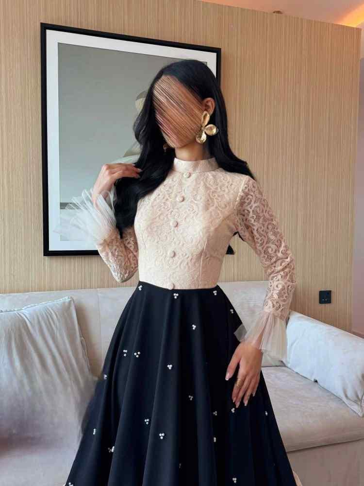 beige black dress Brownhall Long Sleeve Mini | | Womens Without the underskirt Art.N. Black White Lace Nude Tulle