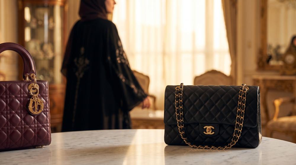حقيبة ليدي ديور بجانب حقيبة شانيل كلاسيك فلاب بإطلالة العباية السعودية