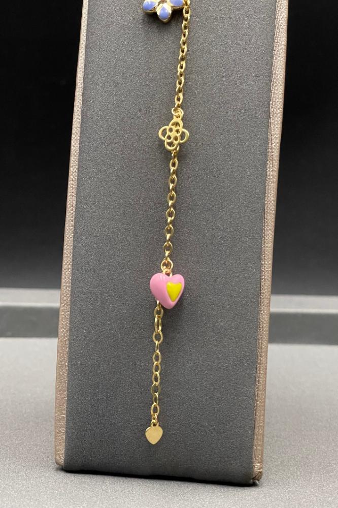 عقد مع اسوارة زهرة و قلب ذهب ملون عيار 18