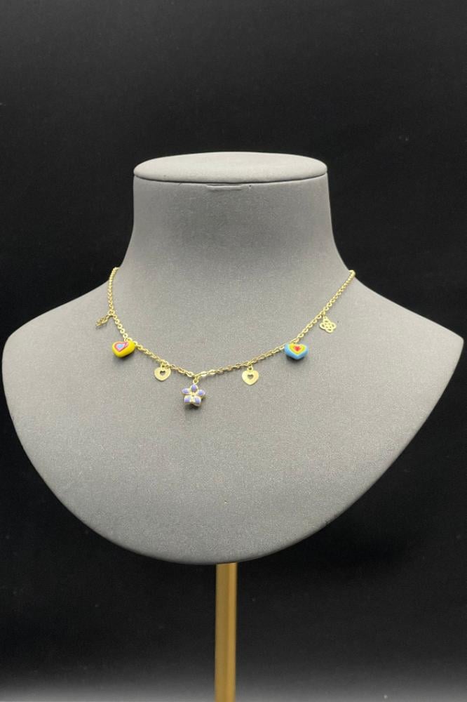 عقد مع اسوارة زهرة و قلب ذهب ملون عيار 18