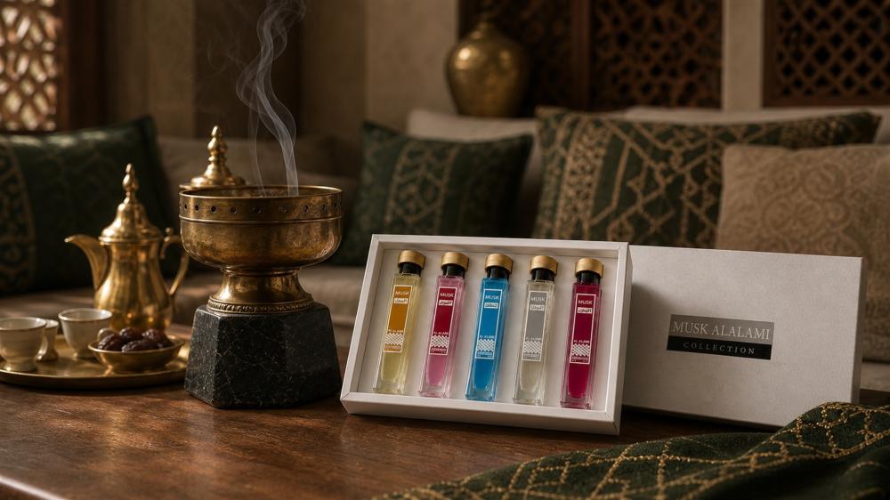 مجموعة عطور المسك من العالمي للعود بخمس عبوات وعلبتها البيضاء