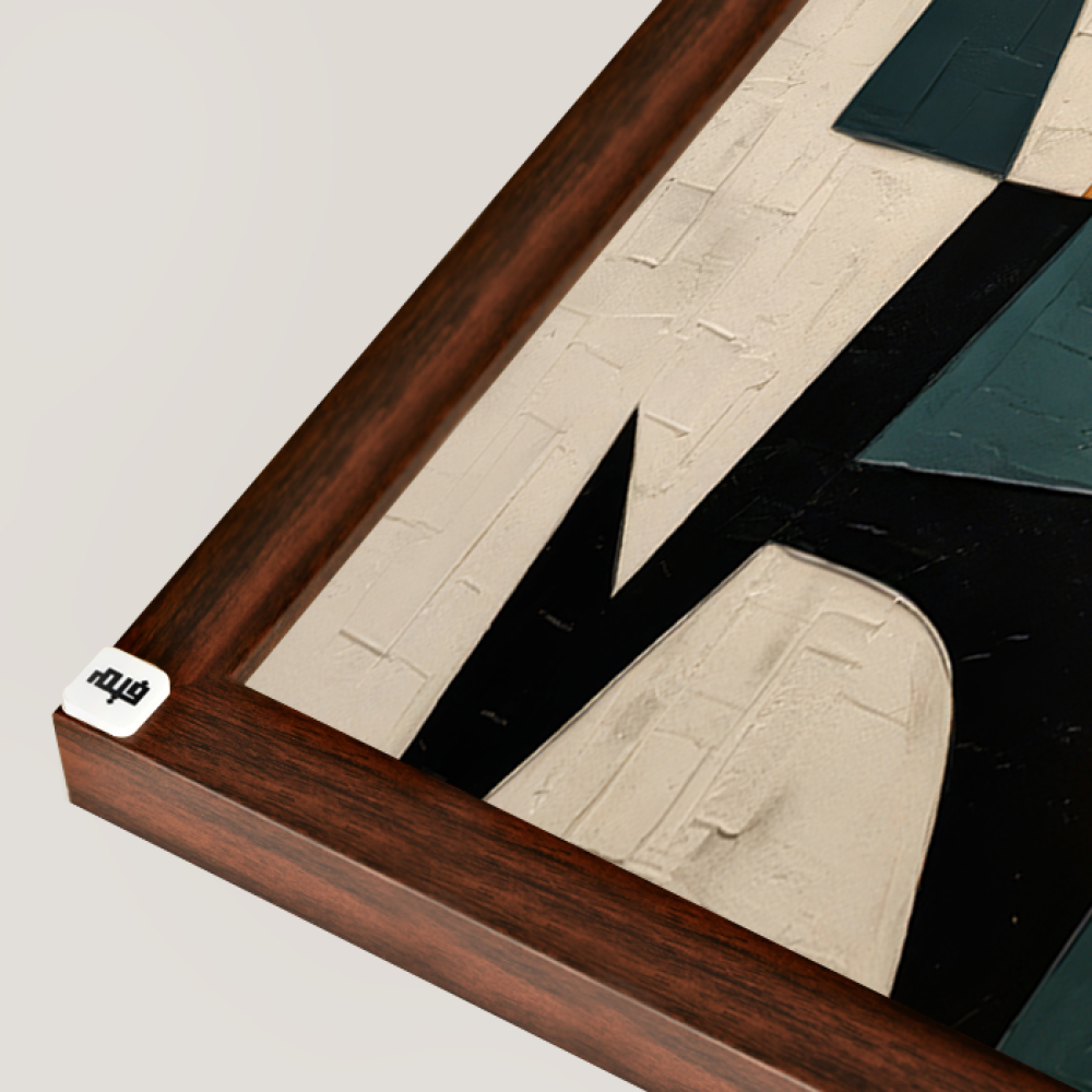 A canvas wall painting featuring a modern design in shades of green, beige, and black.