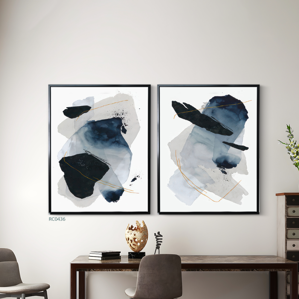 لوحة جدارية كانفس بتصميم تجريدي اشكال متداخلة بتدرجات الكحلي والرمادي