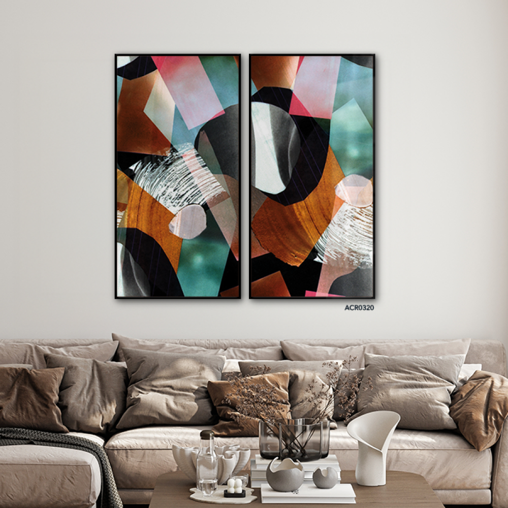 لوحة جدارية أكريليك مميزة بتصميم مقسم، بتدرجات الذهبي والبني مع الأخضر