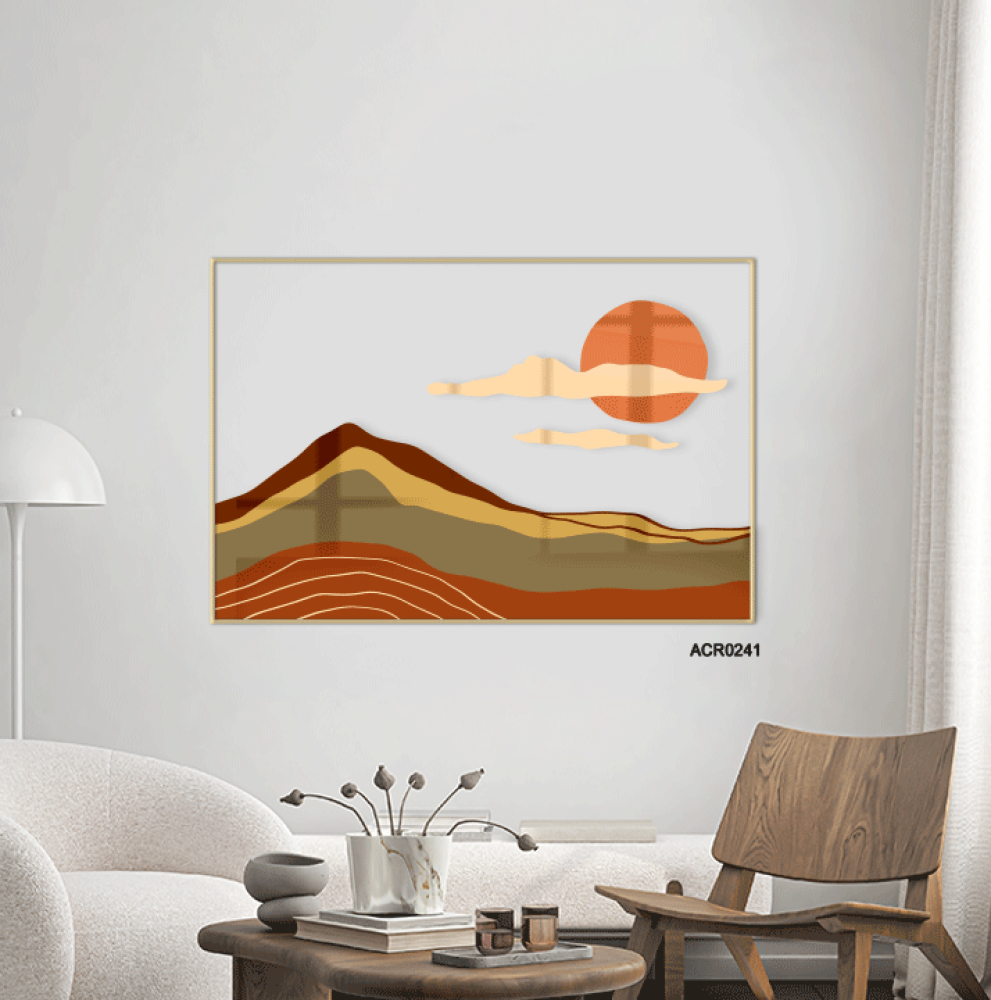 لوحة جدارية اكريليك تمثل منظرًا طبيعيًا يجمع بين شمس مشرقة وجبال