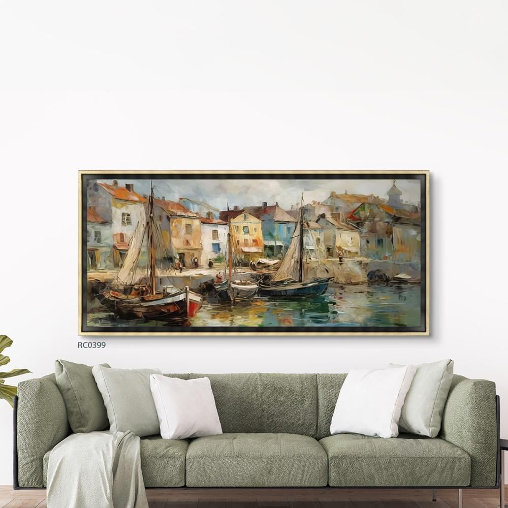لوحة جدارية كانفس تصور ميناء بحري مع قوارب تدرجات البني