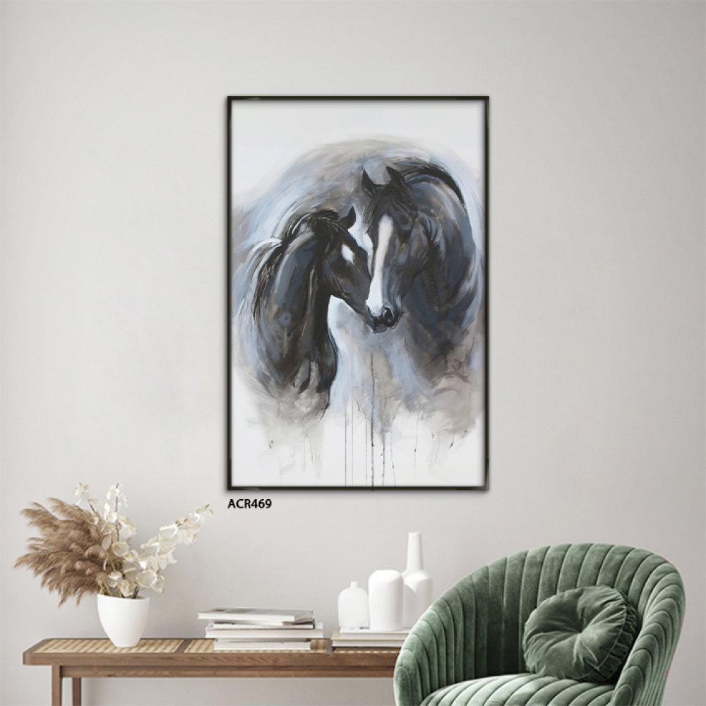 لوحة جدارية تتميز بتصميم يجمع بين خيول تدرجات الألوان الأسود والأبيض