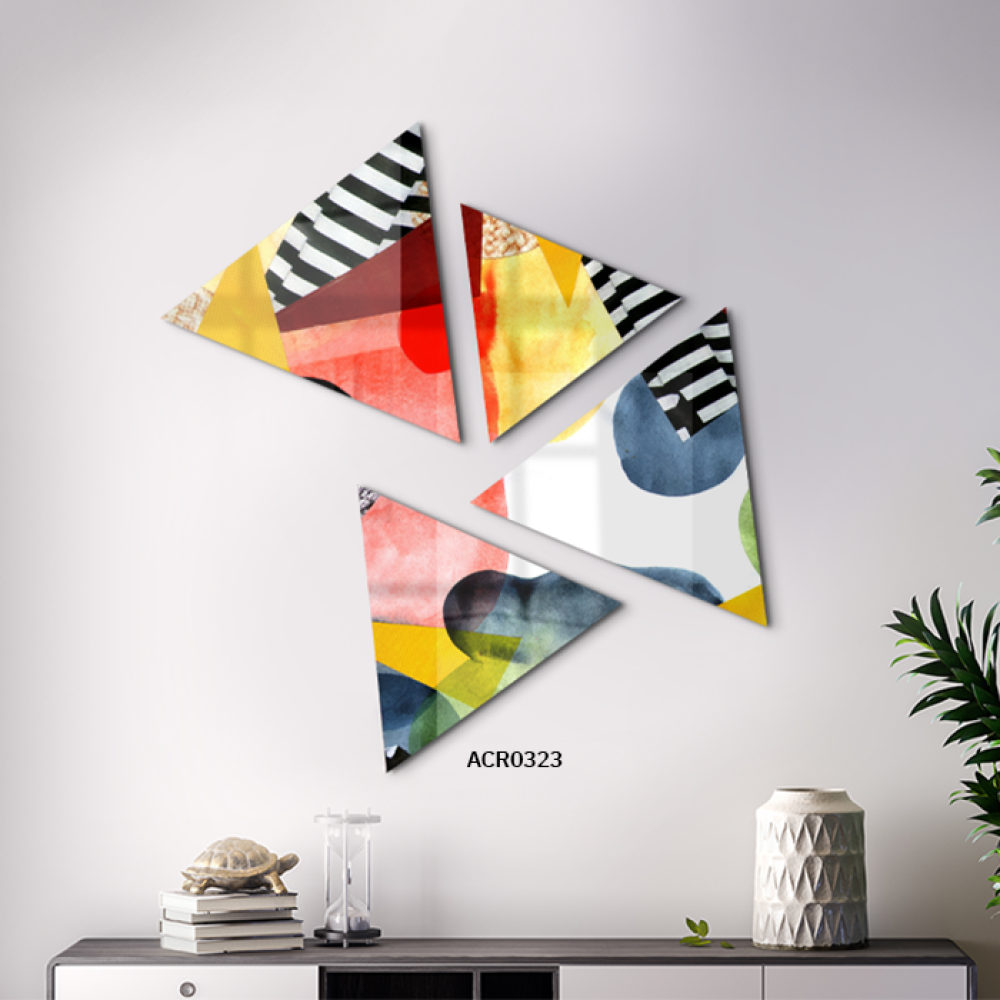 لوحة جدارية أكريليك مقسمة مثلثات وخطوط سوداء مع الألوان الزاهية