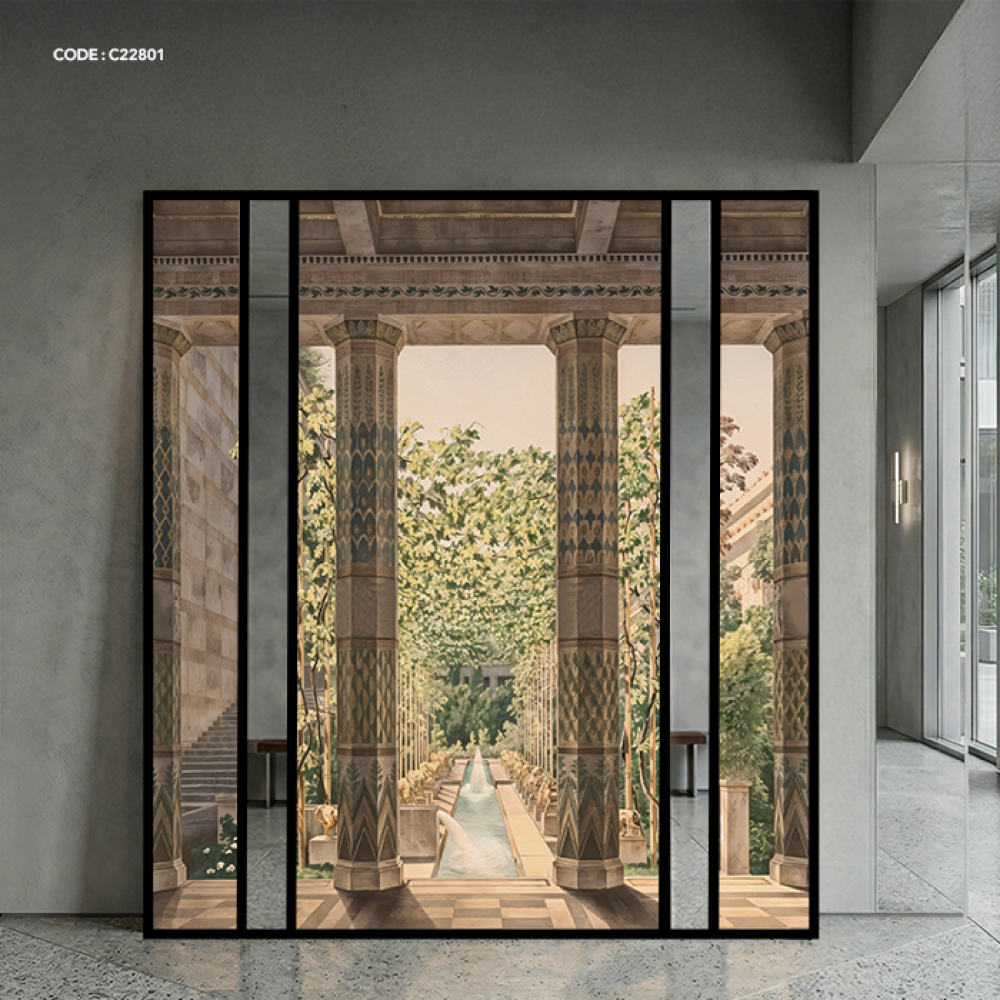 لوحة جدارية كانفس تصور مدخل يطل على حديقة خضراء ومرايا بين قطع الكانفس