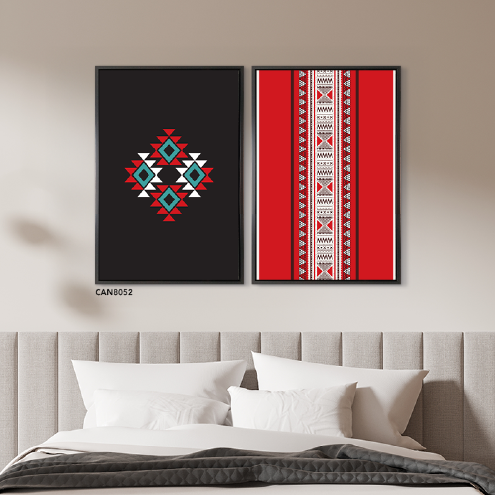 لوحة جدارية كانفس مقسمة زخارف ونقوش -درجات اللون الأحمر مع الأسود والأبيض