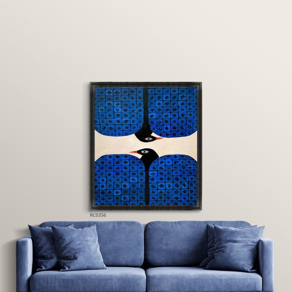 لوحة جدارية كانفس تصور طيور بتدرجات اللون الكحلي مع الابيض