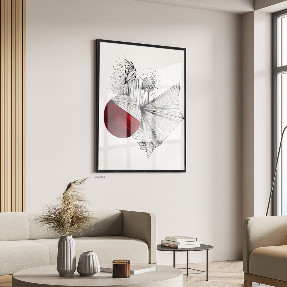 لوحة فنية جدارية اكريليك تشكيلي يجمع بين الأبيض والأسود مع دائرة حمراء