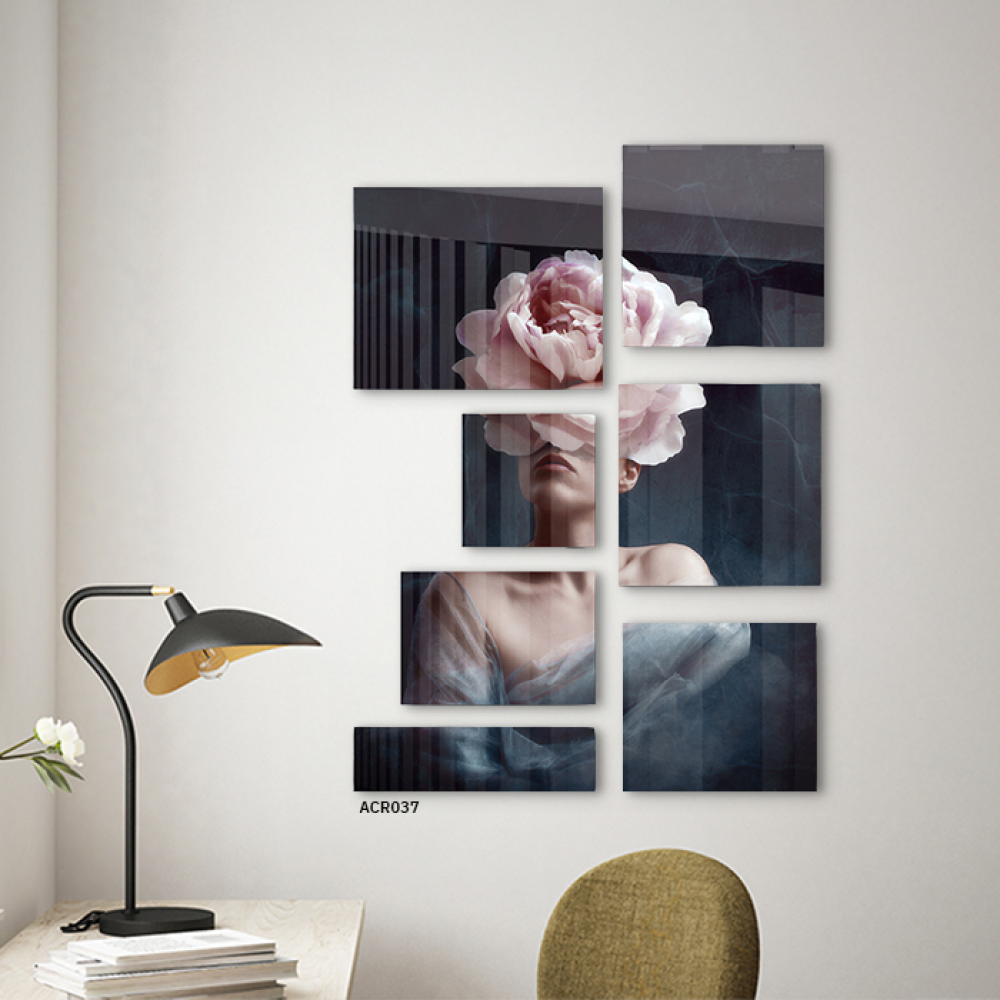 لوحة جدارية أكريليك مقسمة، تصور فتاة مع وردة،تدرجات الرمادي والأزرق مع الوردي والبيج