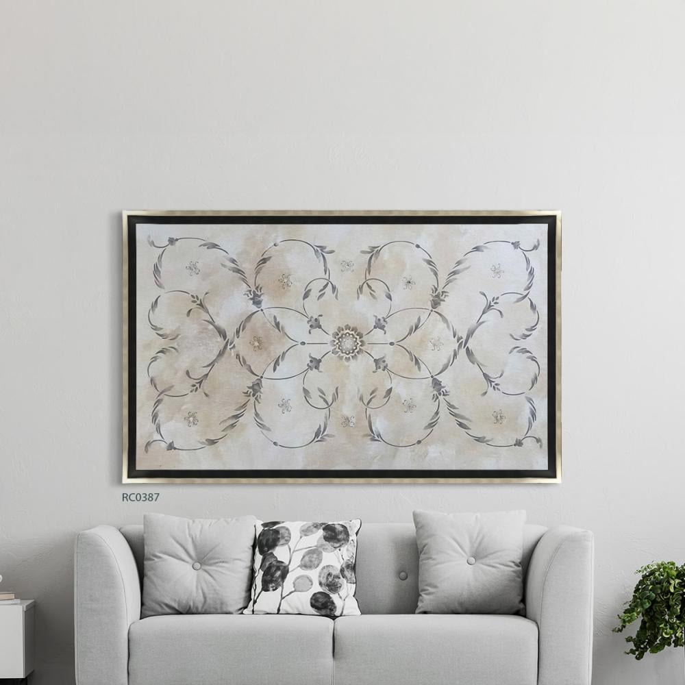 لوحة جدارية كانفس ورد وزخارف تدرجات الرمادي والبيج