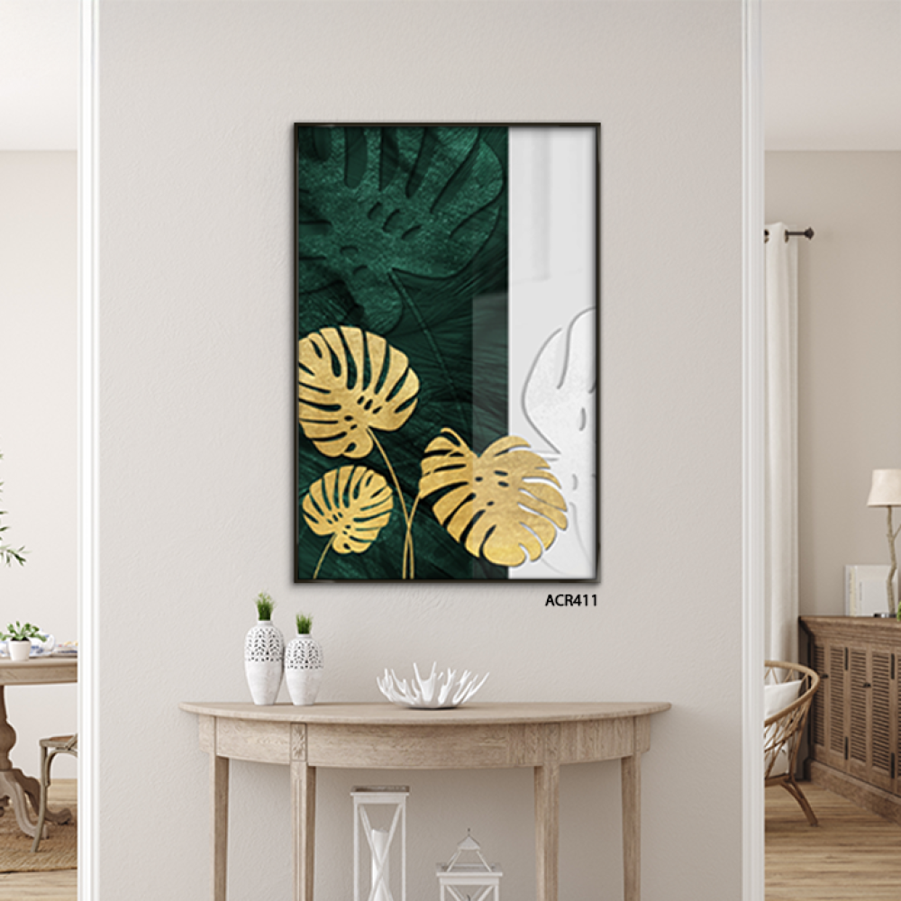 لوحة جدارية أكريليك تصور أوراق شجر بتدرجات من الأخضر والذهبي والأبيض