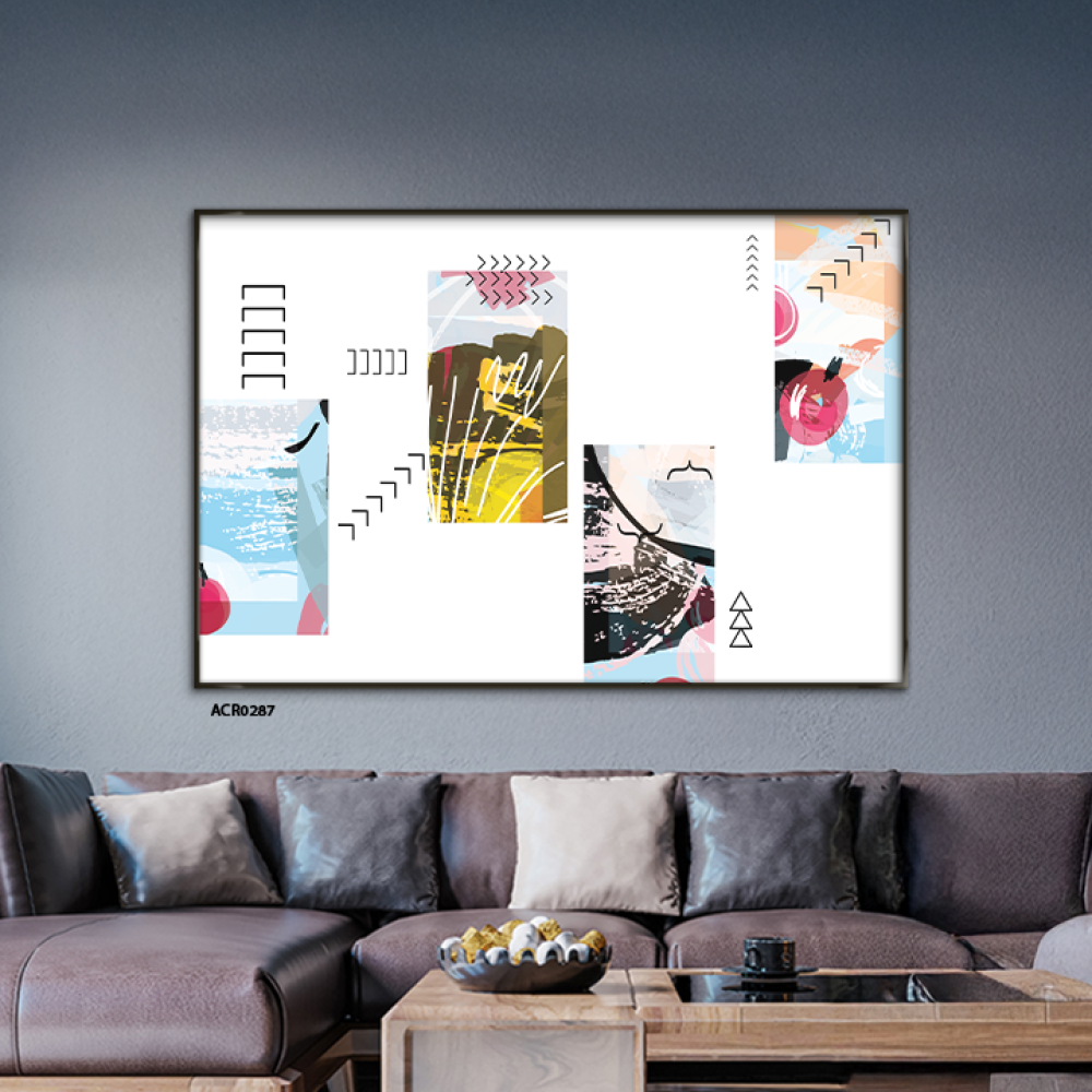 لوحة جدارية اكريليك تتميز برسومات مختلفة تجمع بين الألوان البنية والزرقاء والوردية مع خلفية بيضاء